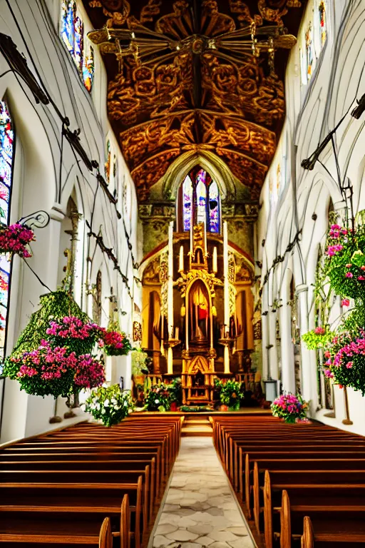 Image similar to photo inside a church full of flowers, ornate, highly detailed