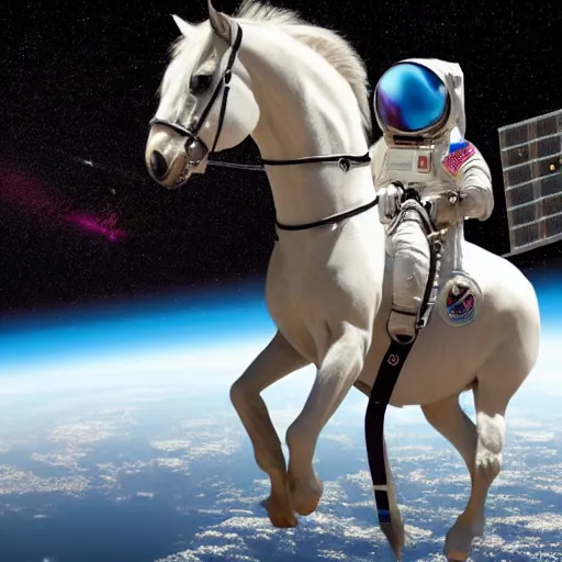 Image similar to the horse is saddled with an astronaut and rides it into space