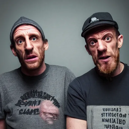 Image similar to sleaford mods shouting at their noisy neighbour, wide angle, gritty