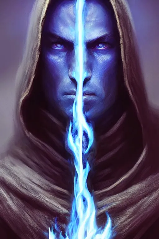 Image similar to Front portrait of a hooded mage hold a blue fire, full body, fine art, awesome fantasy book cover on Pinterest, award winning, dark fantasy landscape, fantasy magic, intricate, elegant, sharp focus, cinematic lighting, highly detailed, digital painting, concept art, art by WLOP and Artgerm and Greg Rutkowski, masterpiece, trending on artstation, 8K