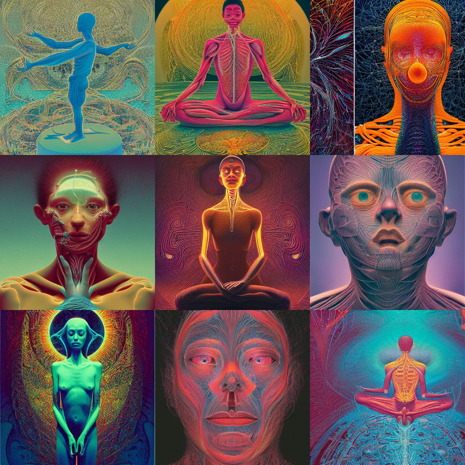 Prompt: kodak portra, 8 k, prana, anatomy, meditating, studio light, fine art portrait photography, victo ngai, fashion photography, kilian eng, camille vivier, moebius, digital art, masterpiece, fractal pattern background, alex grey, fantastically beautiful, beksinski, dan mumford, simon stalenhag, artstation