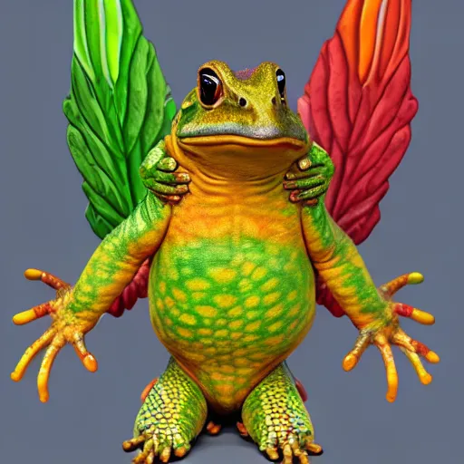 Prompt: toad with wings front view Across holding a hand x rainbow reptile front view Across holding a hand x golden lizard front view, trio, artstation, concept art, master illustration, details, good clear quality, fun - w 704