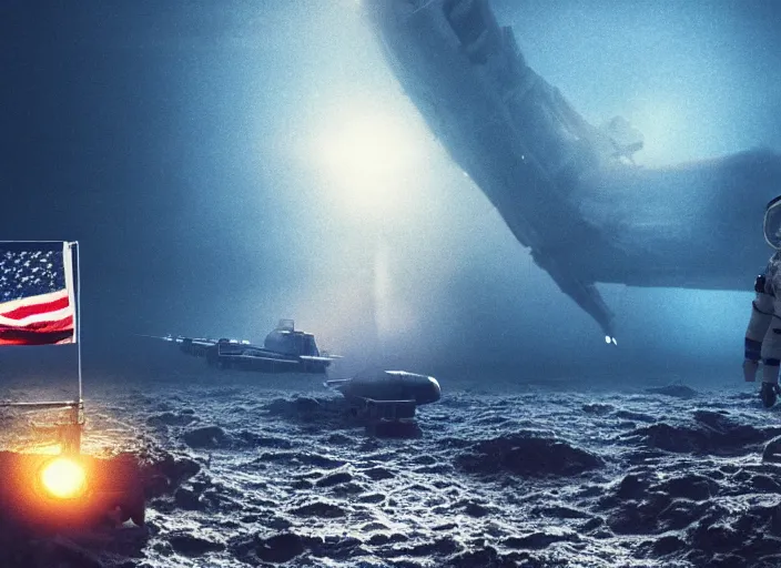 Image similar to astronaut holding a flag in an underwater desert. a submarine is visible in the distance. dark, concept art, cinematic, dramatic, atmospheric, 8 k, trending on artstation, blue, fish, low visibility, fog, ocean floor, christopher nolan, interstellar