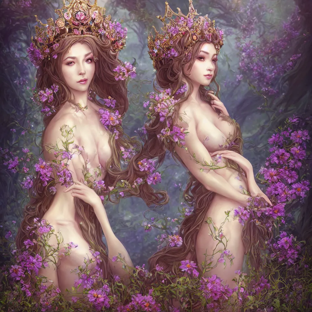 Image similar to A beautiful fantasy empress, highly detailed full body, just one head, breathtaking flower tiara, long hair, gorgeous aristocrat robe, beautiful figure, field of fantasy flowers and leaves, foxes and deer, epic composition, ultra wide-shot, dynamic pose, concept art, beautifully lit from left side, digital painting, smooth, character design, ((sharp focus)), elegant, intricate, artstation, by WLOP and James Jean and Victo Ngai and Ryohei Hase