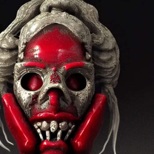 Image similar to bloody ritual mask, octane render, ornate, red, 3d render