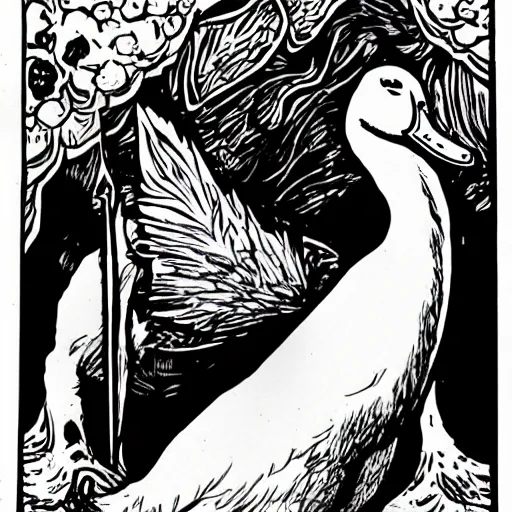 Prompt: white warrior duck portrait in the style of joan sfar, comic book