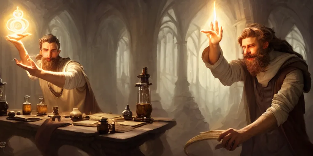 Image similar to a handsome bearded white male sorcerer with brown hair he is casting a spell from his hands, he is in a alchemist workshop filled with beakers and equipment, neutral pose, sharp focus, waist up, epic composition, 4 k, by greg rutkowski, rudy siswanto and anna podedworna