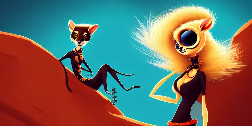 Prompt: curved perspective, extreme narrow, extreme fisheye, digital art of a female marten animal cartoon character wearing jewlery with blonde hairstyle by anton fadeev from nightmare before christmas