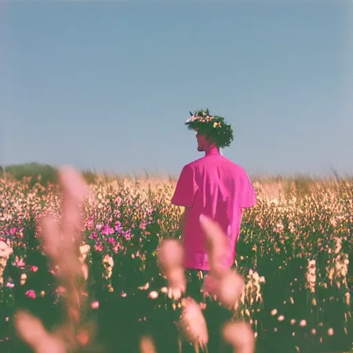 Image similar to kodak portra 4 0 0 photograph of a skinny blonde goth guy standing far back in a field of flowers, back view, flower crown, moody lighting, telephoto, 9 0 s vibe, blurry background, vaporwave colors, faded!,