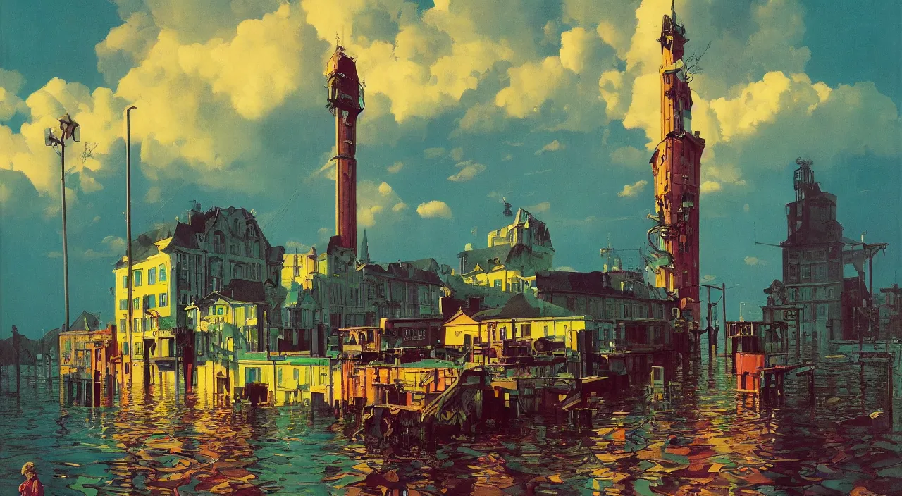 Prompt: flooded colorful single weird tower, very coherent high contrast!! painting by simon stalenhag carl spitzweg rene magritte syd mead norman rockwell edward hopper james gilleard, dark shadows, sunny day, triadic color scheme, hard lighting, masterpiece