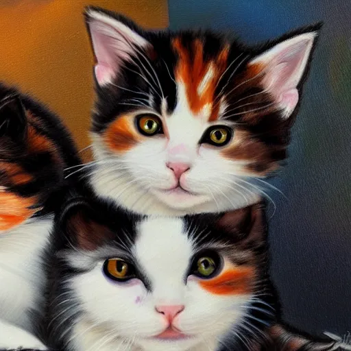 Image similar to close up of two beautiful calico kittens outside on a beautiful day, beautiful painting, featured on artstation, cgsociety, behance hd