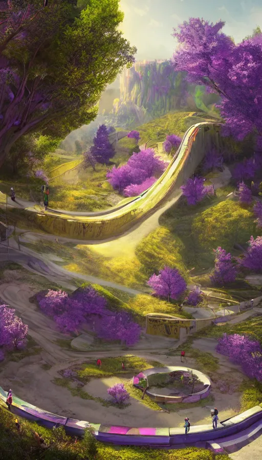 Image similar to A skateboarder going downhill towards a magical portal and purple trees in the distance, abandoned city with graffiti, sweat drops, insane, intricate, highly detailed, oil painting, isometric art, smooth, sharp focus, Unreal Engine 5, 8K, art by Diego Velázquez