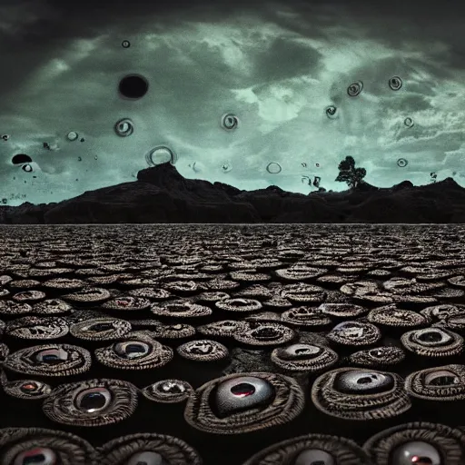 Image similar to a thousand creepy eyeballs peeking through a sea of mud, epic landscape, bright light, cinematic, 4 k, 8 k