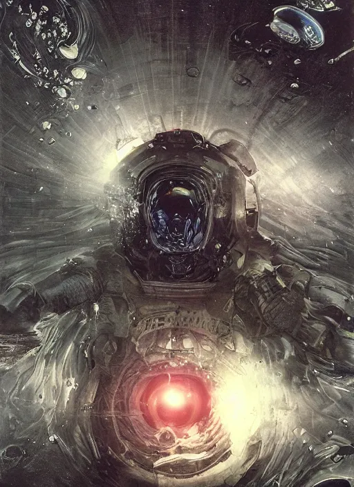 Image similar to astronauts in dark void underwater - complex and hyperdetailed technical suit. reflection and dispersion materials. rays and dispersion of light. volumetric light. f / 3 2. noise film photo. flash photography. ultra realistic, wide angle. poster by wayne barlowe, hajime sorayama aaron horkey, craig mullins