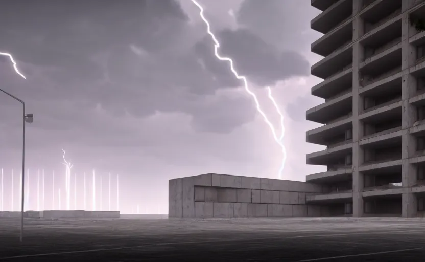 Image similar to brutalist architecture building, apartment complex, octane render, cgsociety, highly detailded, volumetric lightning