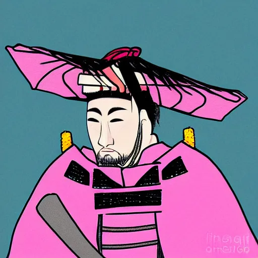 Image similar to a dramatic digital painting of a samurai with a pink birthday hat