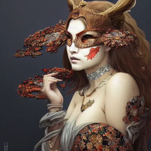 Image similar to a photorealistic dramatic fantasy render of a beautiful woman wearing a beautiful intricately detailed japanese crow kitsune mask and clasical japanese kimono by wlop, artgerm, greg rutkowski, alphonse mucha, beautiful dynamic dramatic dark moody lighting, shadows, cinematic atmosphere, artstation, concept design art, octane render, 8 k