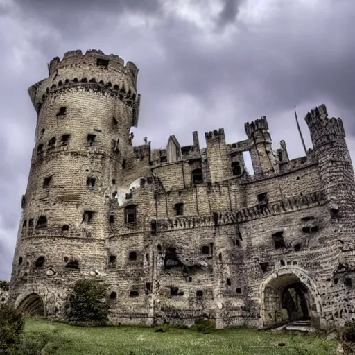 Prompt: a huge, rambling, quite scary - looking castle, with a jumble of towers and battlements, building, fantasy, landscape photo