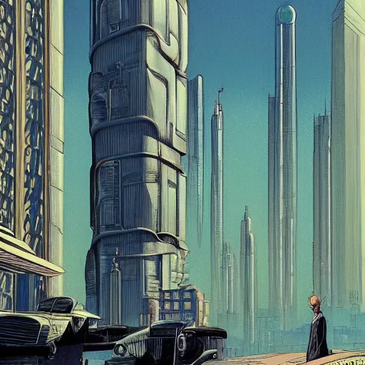 Prompt: a tall man standing next to a huge car, city in the background, people walking in the distance, reflections on wet streets, dieselpunk style, steampunk, art by jean giraud and moebius ; architecture by francois schuiten, beautiful illustration, drawing, painting, clean lines, digital art, symmetric, colorful retrofutur, artstation