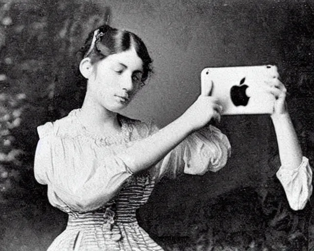 Image similar to an early 1800s photo of someone watching tiktok on their iphone wearing airpods