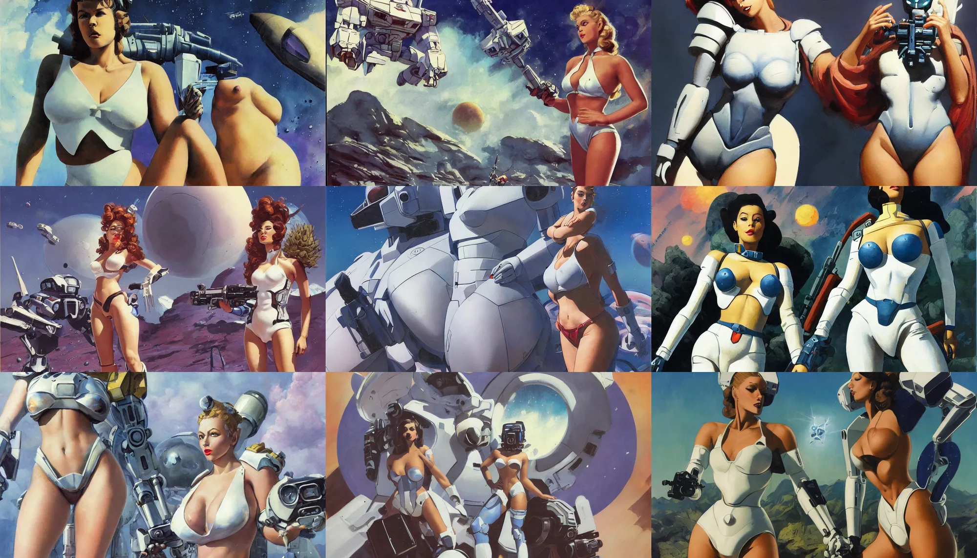 Prompt: A mixed media portrait painting of a beautiful woman an alien planet, very curvy, aesthetic! high-waisted white-bikini-armor and boots, holding a ray-gun, aesthetic symmetrical face and eyes, model, wet, discarded gundam mech in background, by Frank Frazetta, Boris Vallejo, Beeple, Greg Rutkowski, Christian MacNevin, eighties-pinup style, epic fantasy character art, high fantasy, CGsociety, exquisite detail, post-processing, masterpiece, cinematic