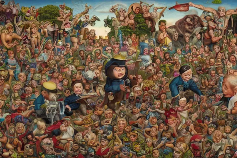 Image similar to a strange battle in an old hospital between old people and babies Robert Williams Mark Ryden and Alex Gross, Todd Schorr highly detailed