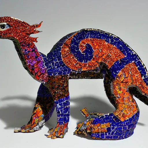 Image similar to mosaic sculpture of a alebrije chimera!!!, irregularly shaped mosaic tiles, hand glazed pottery shards, in the style of folk art, gallery photo