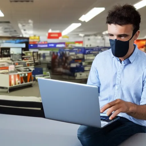 Prompt: hacker buying a laptop in electronics store