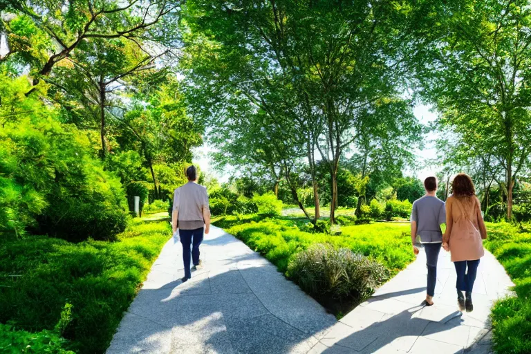 Image similar to a cinematic wideangle photograph of a man and woman walking through a walkway, green plants, blue sky, beautiful lighting, ultra realistic