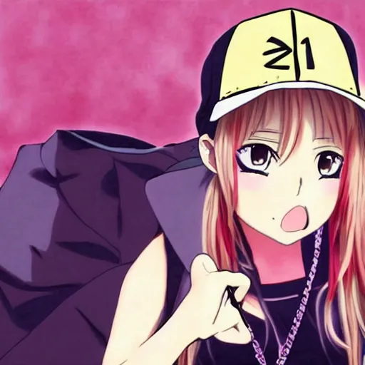 Prompt: anime art , hip-hop girl rapping with Eminem