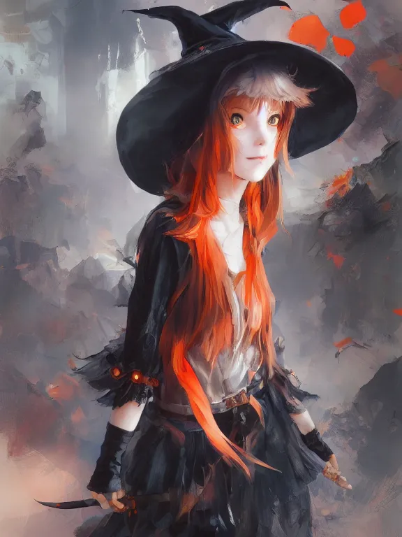 Image similar to Full shot of a cute mischievous young witch about to get up to some trouble. Black and Orange palette. By Ruan Jia and Artgerm and Range Murata and WLOP and CLAMP. Key Art. Fantasy Illustration. award winning, Artstation, intricate details, realistic, Hyperdetailed, 8k resolution.