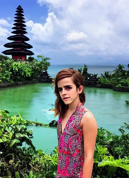 Prompt: emma watson wearing batik bali in bali. temple, lake, rice field, ocean. front view. instagram closeup holiday photo shoot, perfect faces, beautiful