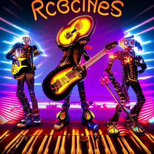 Image similar to album art, rockband with 3 steampunk robots playing guitar, text robos rock, 8 k, flourescent colors, halluzinogenic, multicolored, exaggerated detailed, front shot, 3 d render, octane