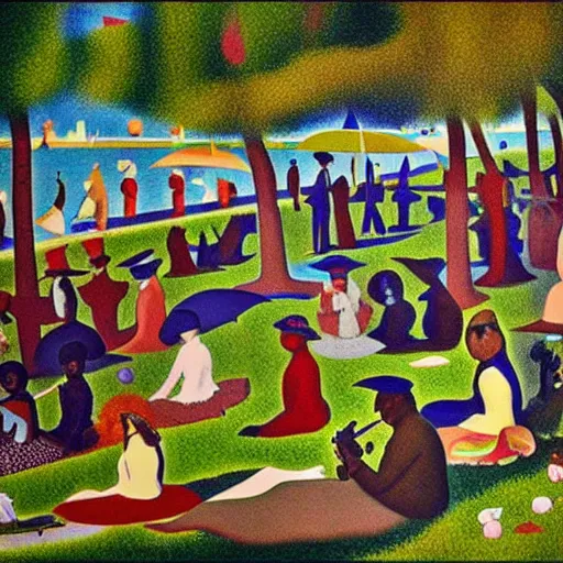 Image similar to a sunday afternoon on the island of la grande jatte in the style of pedro bell, parliament, funkadelic, george clinton, bootsy collins, the mothership, chocolate city