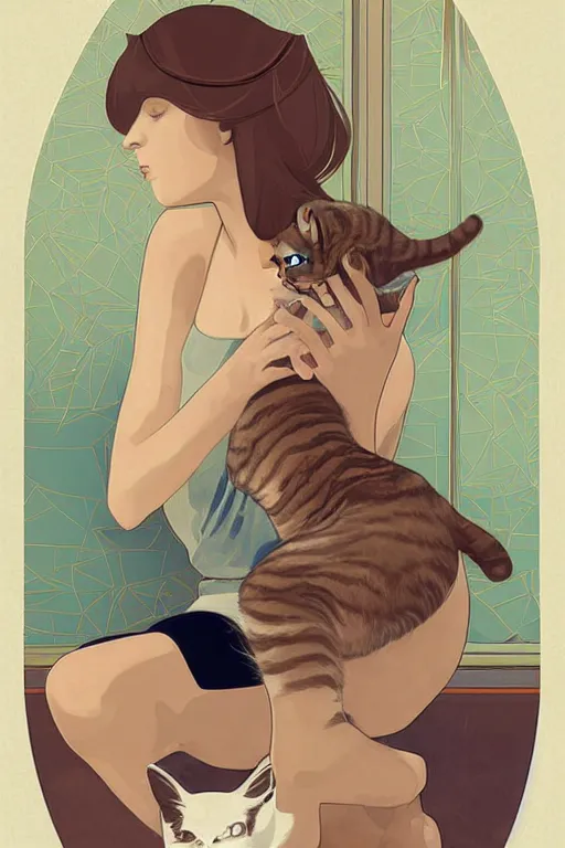 Prompt: a digital painting of a girl playing with a cat in a comfort room at night ,geometric shapes,S line,hard edges,Visual Communication Design by mucha and wlop ,jk uniform ,Hairdryer