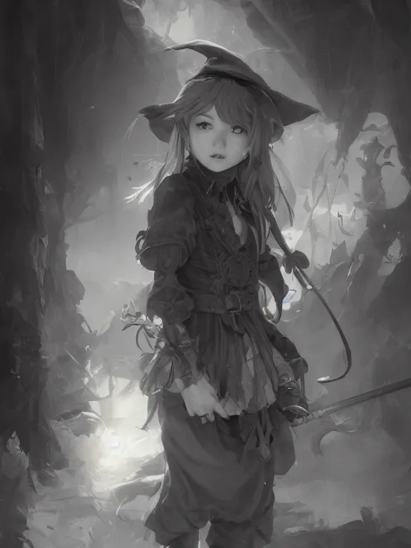 Image similar to Full shot Line art drawing of a cute mischievous young witch about to get up to some trouble. By Ruan Jia and Artgerm and Range Murata and WLOP and CLAMP and Loish. Concept Art. Fantasy Illustration. award winning, Artstation, intricate details, Hyperdetailed, 8k resolution.