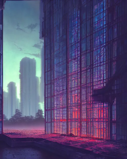 Image similar to a beautiful photorealistic illustration of architecture nature jail abandoned by odile decq, vaporwave postcyberpunk at dawn at dusk, archdaily, wallpaper, highly detailed, trending on artstation.