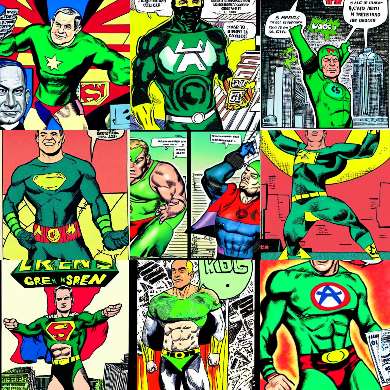 Prompt: Benjamin Netanyahu as a superhero in a green leotard with a dollar sign on his chest, by Jack Kirby, highly detailed