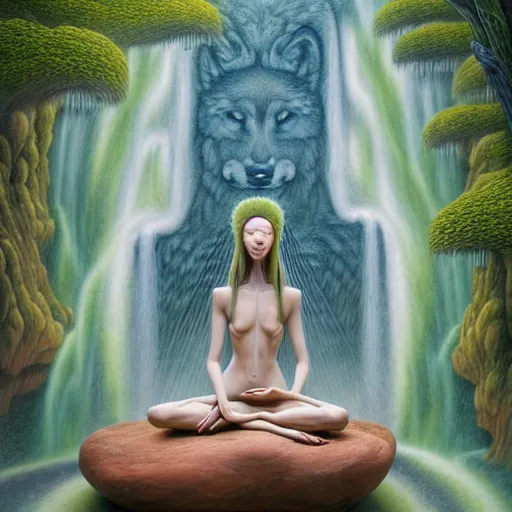 Prompt: an anthromorphic wolf meditating in a zen garden with a waterfall, by Adi granov and afarin sajedi and amanda sage and evgeni gordiets and Agostino Arrivabene in a psychedelic portrait style, ultrarealistic matte painting, volumetric lighting, fractal, extremely symmetrical, highly detailed face, orisha, 8k, hd