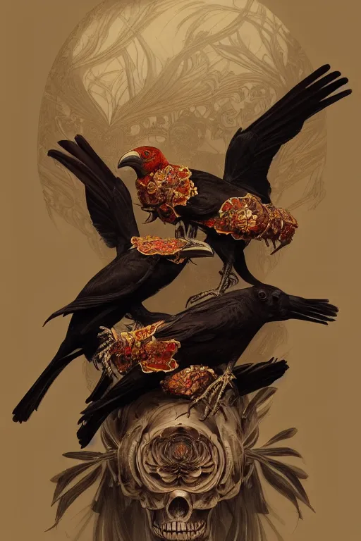 Prompt: painting of a two headed crow on a skull, decorated, intricate, elegant, highly detailed, digital painting, artstation, concept art, smooth, sharp focus, illustration, art by artgerm and greg rutkowski and alphonse mucha, 8 k