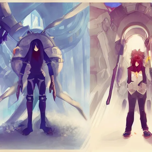 Image similar to a couple of people standing next to each other, concept art by Puru, featured on pixiv, sots art, 2d game art, speedpainting, concept art