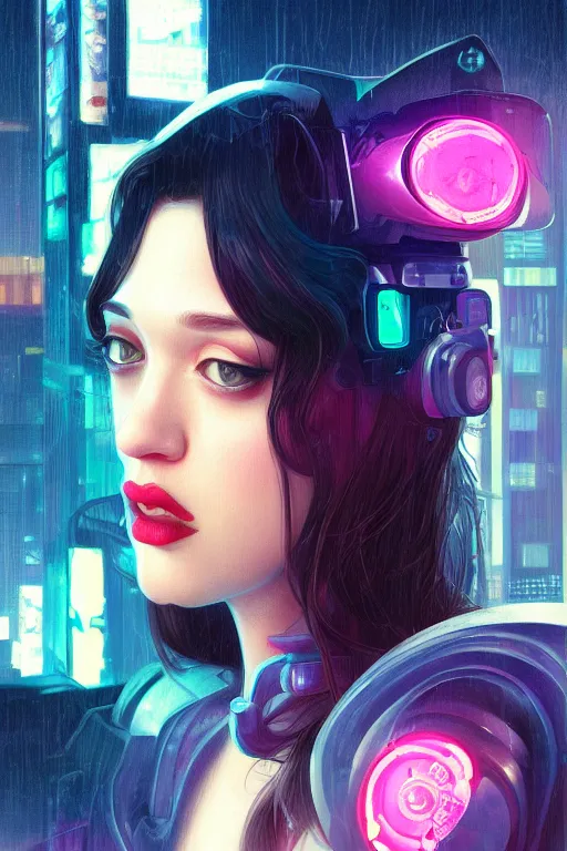 Prompt: portrait futuristic Kat Dennings, in future cyberpunk tokyo rooftop , sci-fi, fantasy, intricate, very very beautiful, elegant, neon light, highly detailed, digital painting, artstation, concept art, smooth, sharp focus, illustration, art by tian zi and WLOP and alphonse mucha