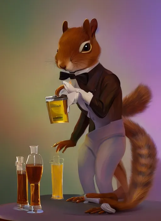 Image similar to squirrel anthro as a dapper bartender with a big fluffy tail, retro futurism, art deco, detailed painterly digital art by WLOP, 🐿🍸🍋, furaffinity, trending on artstation