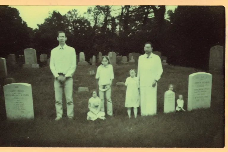 Prompt: old polaroid of weird lookin family photo in the cemetery, there is a demon in the background