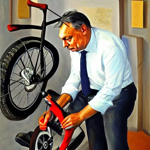 Prompt: viktor orban repairing a bicycle, oil painting