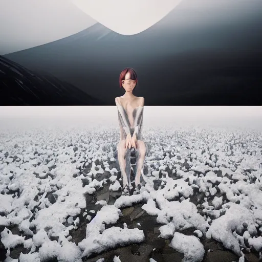 Prompt: coherent symmetrical face, a instax photo of fuji mountain, a tall japanese girl in a transparent sheer fabric dress against the background of fuji mountain, severe snow, full body shot, perfect symmetrical body, coherent symmetrical eyes, by peter kemp, by monia merlo, hyperrealistic, hyperdetailed, octane render, 8 k