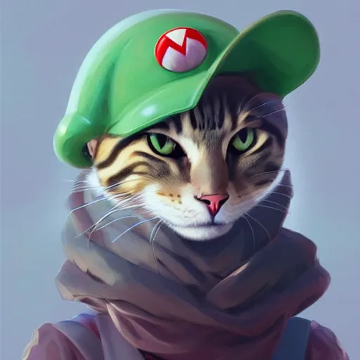 Image similar to Portrait of a Cat dressed as Super Mario, Mario hat, kawaii aesthetic, nintendo, highly detailed, digital painting, artstation, concept art, smooth, sharp focus, illustration, art by artgerm and greg rutkowski and alphonse mucha