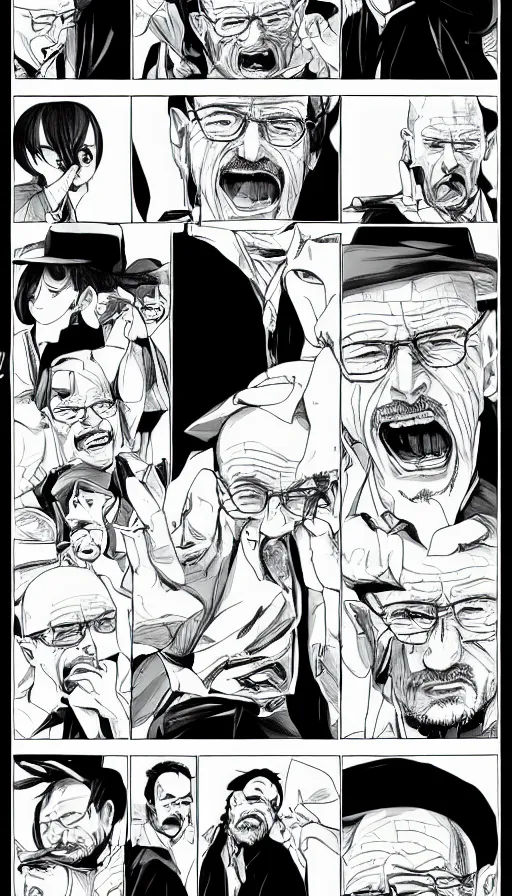 Prompt: manga page of Walter white screaming