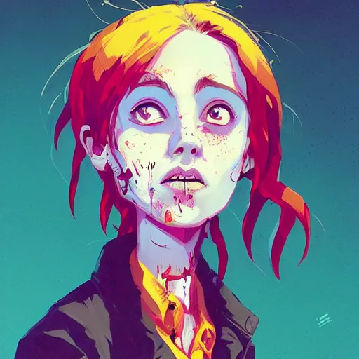 Image similar to Highly detailed portrait of a punk zombie young lady by Atey Ghailan, by Loish, by Bryan Lee O'Malley, by Cliff Chiang, ((dark blue moody background))