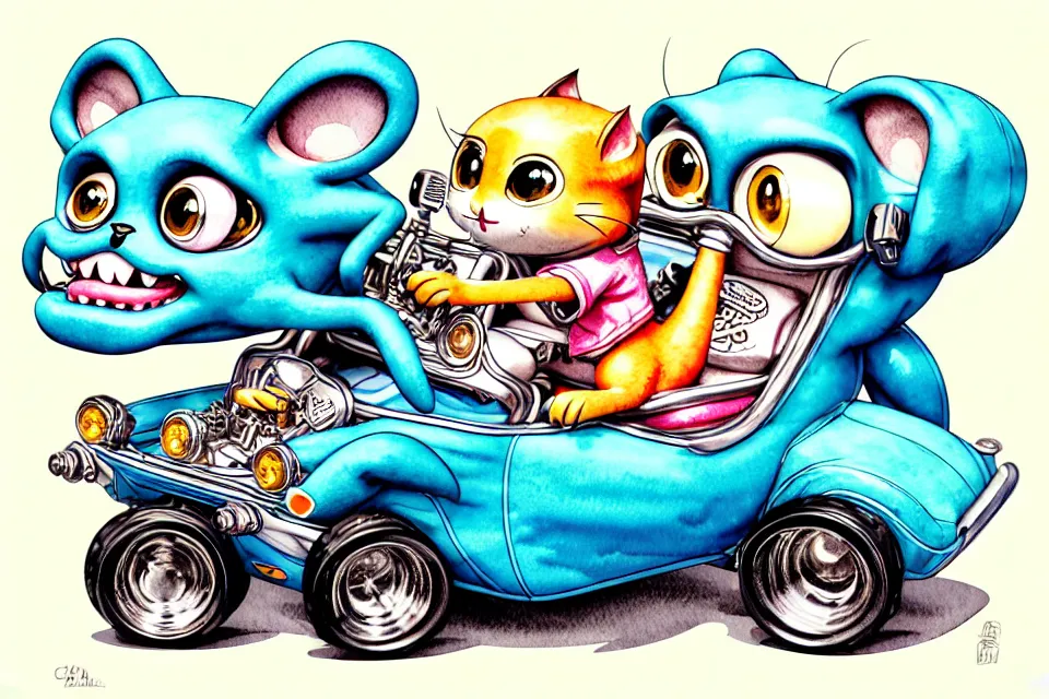 Image similar to cute and funny, margay riding in a tiny street rod with oversized engine, ratfink style by ed roth, centered award winning watercolor pen illustration, isometric illustration by chihiro iwasaki, edited by range murata, tiny details by artgerm and watercolor girl, symmetrically isometrically centered